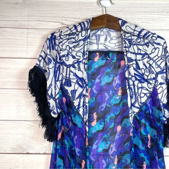 Maaji Multicolor Saddles Equestrian Print Fringe Kimono Swim Cover-up Retro Sz S - Picture 5 of 13